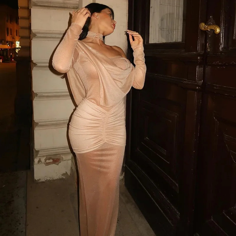 Sequin Sexy See-Through Maxi Dress Women's Pleated Glitter Off-Shoulder Summer Fashion Party Dress Gown Shiny Long Dress