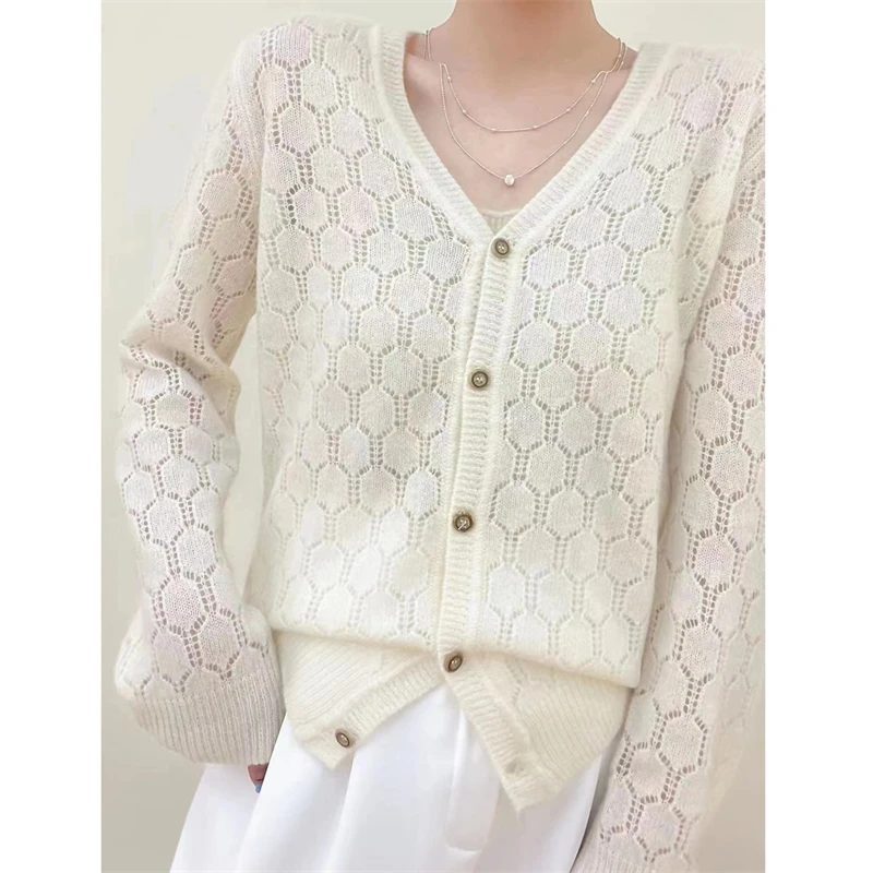 

Fashionable western style hollow v-neck cashmere cardigan women's sweater spring and autumn versatile sweater loose wool coat