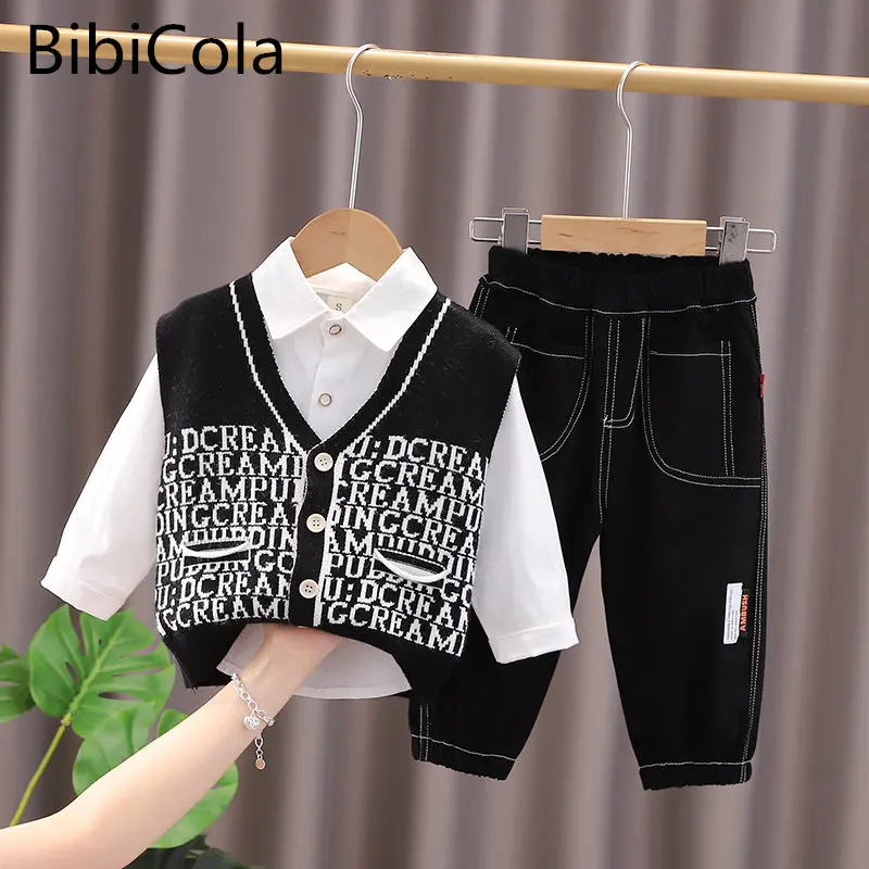 

Baby boy clothes spring autumn fashion printed shirt suit three-piece knitted sweater suit for boys children's clothes baby suit