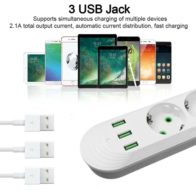 EU Plug AC Outlet 2500W Multiports Power Strip AC Outlet with 3USB Port 2m Extension Cable Round Pin Electrical Charger Adapter 4