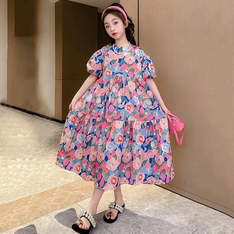 

Girls Floral Long Dress Fashion Puff Sleeve Summer Print Princess Dresses for Children 12 13 14 Years Teens Kids Party Costumes