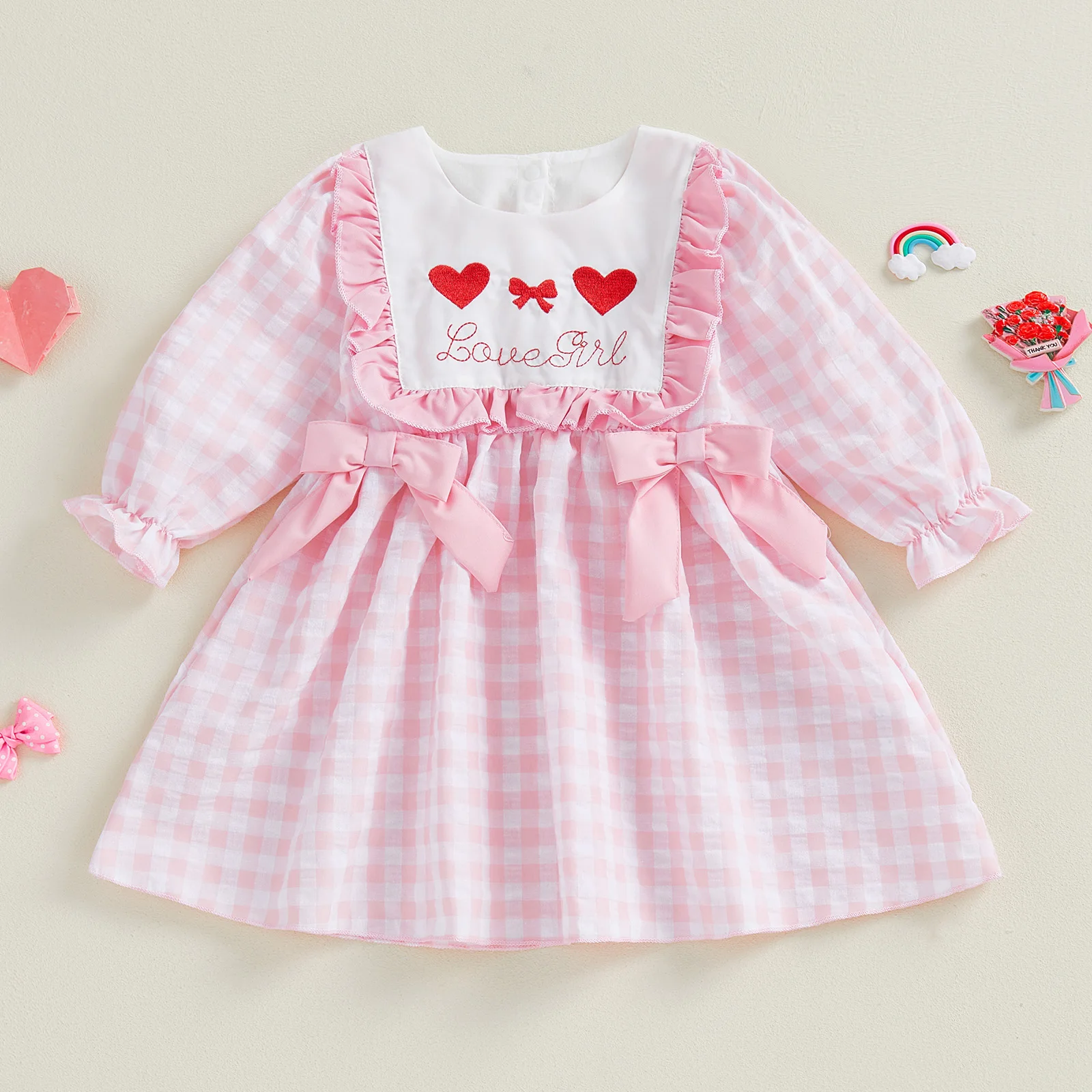 Girls Valentine s Day Dress with Heart Print and Ruffle Detail Long Sleeve O Neck A-line Dress with Bow Accent