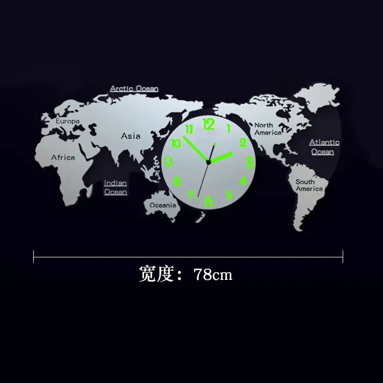 World Map Large Wall Clock Acrylic 3d Wall Clocks Color:78X34CM Luminous;Sheet Size:Other