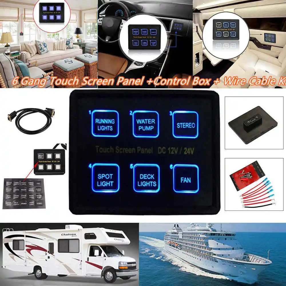 

12V/24V Touch Screen Switches Panel 6 Gang LED Switch Panel Slim Touch Control Panel Box for Car Marine Boat Caravan