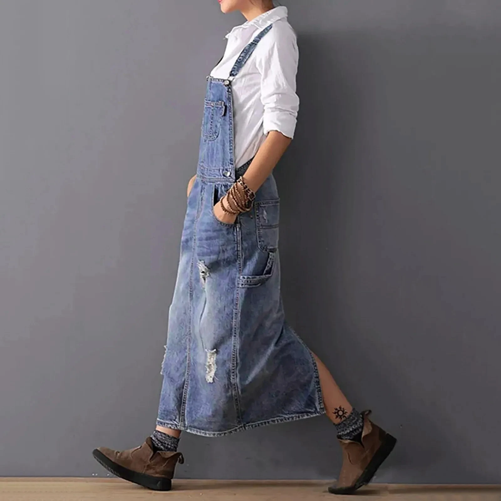 Midiross Ripped Denim Overall Dress Ladies Spaghetti Strap Suspenders Ripped Jean Dresses Cowboy Long Dress