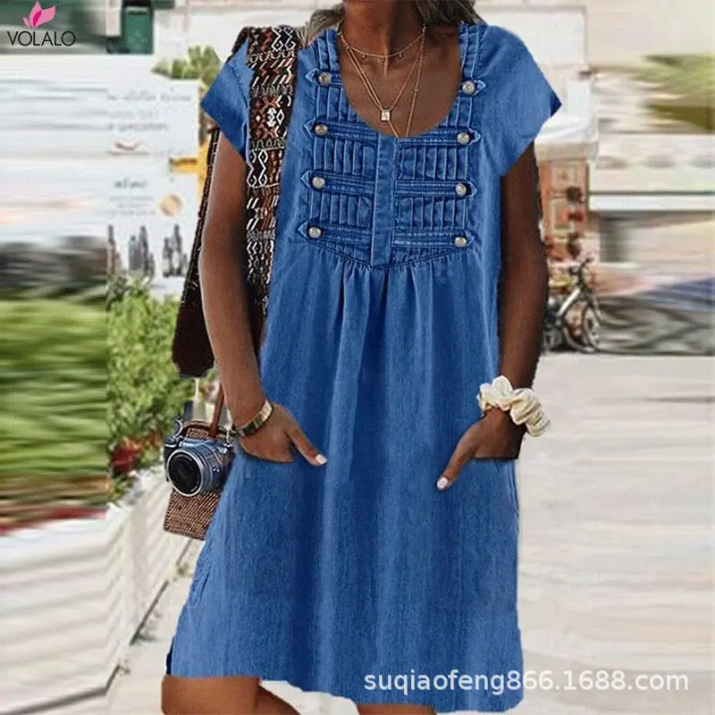 

VOLALO Faux Denim Dress 2024 Summer Double Button Cowboy Mini Dresses OL Style O Neck Short Sleeve Loose Shirt Dress Vestidos