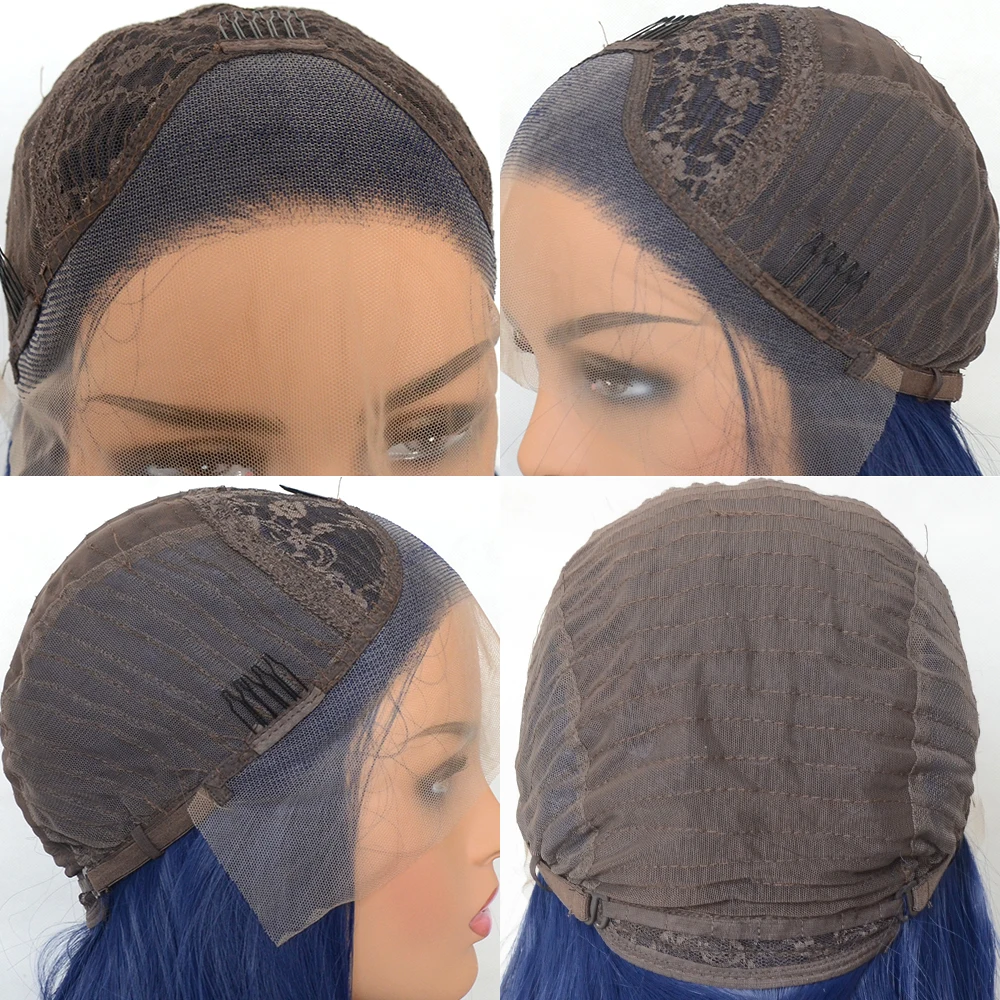 Dark Blue Lace Front Wigs Straight Trendy Heat Resistant Synthetic Hair Half Hand Tied Wigs for Women Cosplay Daily Wear