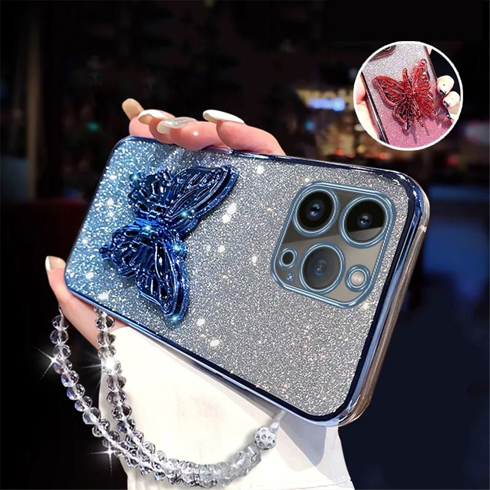 Crystal Butterfly 3D Phone Holder Bracelet Case with Glitter Plating Soft Cover