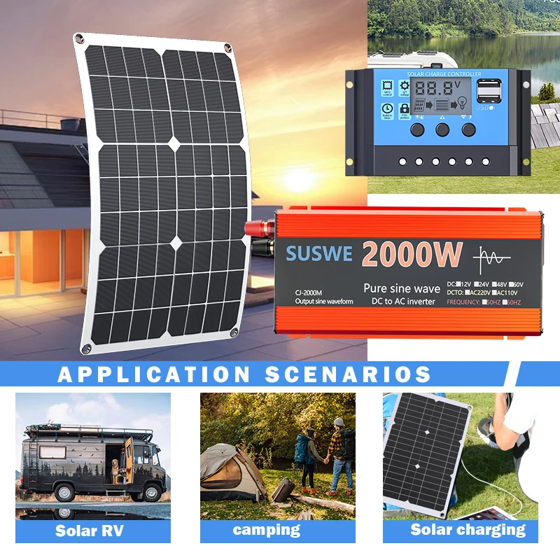 Inverter di potenza da 2000W rosso con regolatore di carica solare, pannelli solari per auto, camper, campeggio - Sistema di alimentazione off-grid
