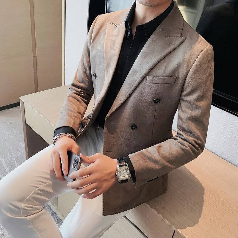 Spring Korean Fit Solid Color Two Grain Double breasted Suit Brand Clothing Men's Suede Fabric Fit Fashion Suit Jacket
