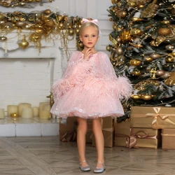 ENOCH Charming Glitter Beads Flower Girl Dresses O-Neck Full Sleeve Sequined For Kids Winter With Fur Beading Formal Gown New