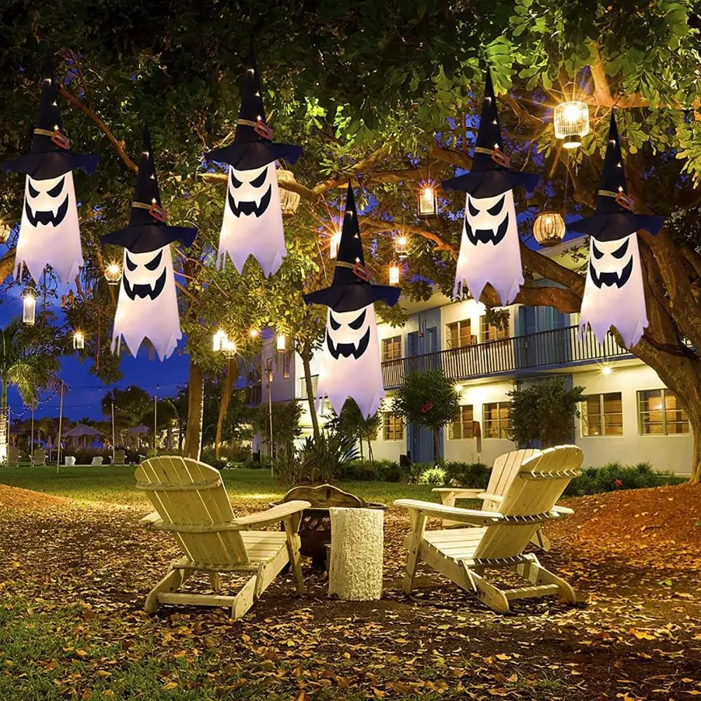 Party Supplies Indoor Outdoor Yard Flashing Halloween Decoration Glowing Ghost Witch Hat Hanging Light 1pcs glowing halloween unique witch hat led lighted scary glowing ghost hat lights hanging pendant garden home halloween decor