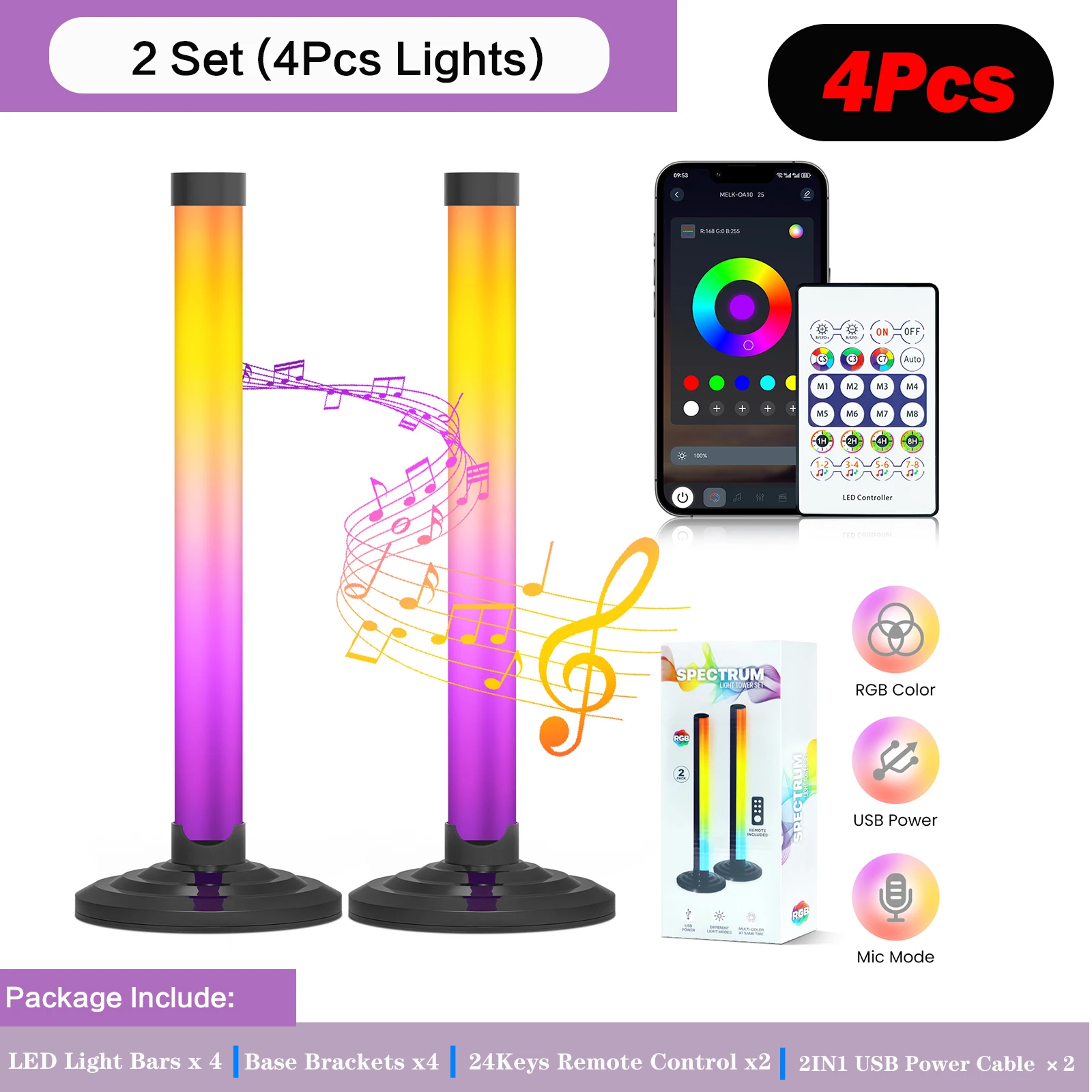 Intelligentes LED-Umgebungslicht, USB wiederaufladbar, Musik-Synchronisierung, Rhythmus-Lichtleiste, RGBIC, 16 Millionen Farben, TV-Spielzimmer, Weihnachtsdekoration, 2 Packungen