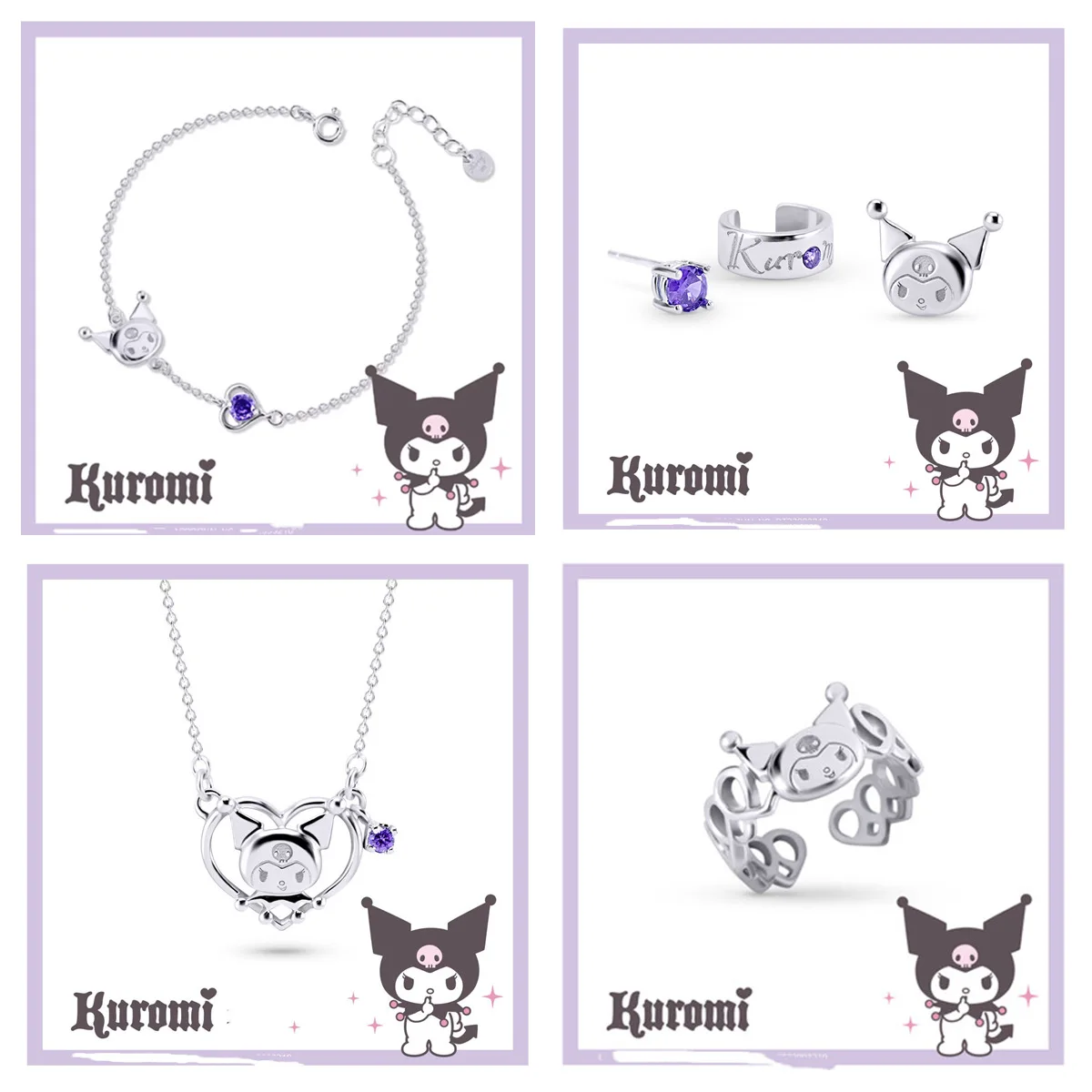 Sanrio Y2k Accessories Kuromi Necklace Bracelet Ring Earrings Set Hello Kity Necklace Kawaii Productos Cute Things For Girls finest brown pu leather bracelet pendant necklace jewellery display counter stand holder bust ring earrings presentation shelf