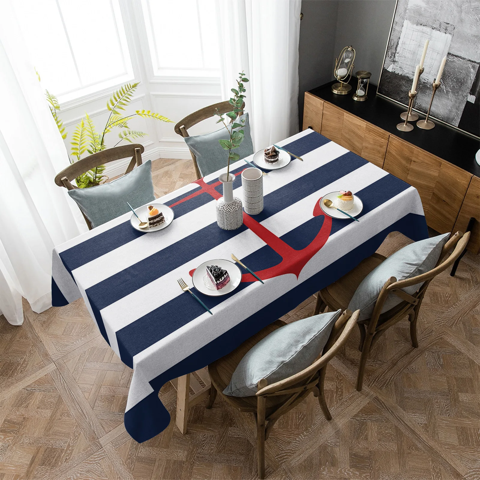 

Водонепроницаемая скатерть в синюю полоску с геометрическим рисунком якоря, декоративные принадлежности, прямоугольная скатерть для кухонного стола, декор для стола