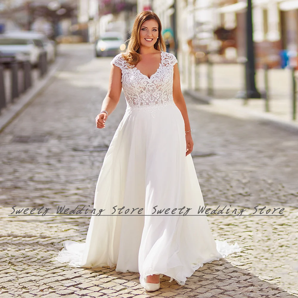Summer Chiffon Bride Wedding Dresss Plus Size V Neck Cap Sleeve Applique Sweep Train Backless Bridal Gown Robe De Mariage