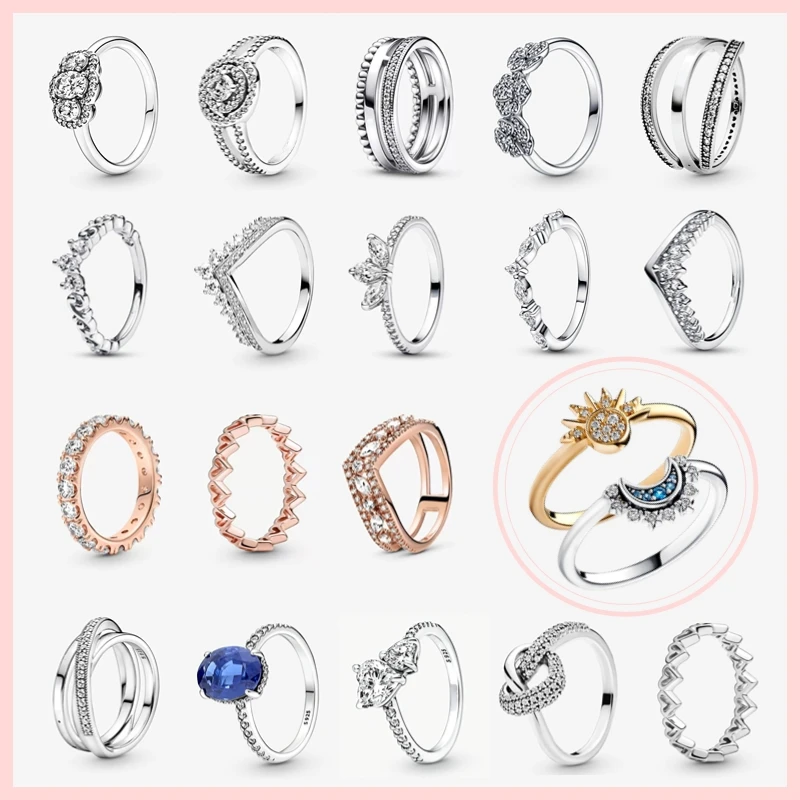 

Real 925 Sterling Silver Sparkling Wishbone Pink Heart Crown Rings For Women Jewelry Wedding Engagement Birthday Silver Gift