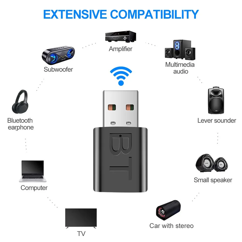 USB 블루투스 수신기 송신기 자동차 블루투스 5.0 오디오 어댑터 TV 컴퓨터 무선 블루투스 2-in-1 변환기 플러그 앤 플레이
