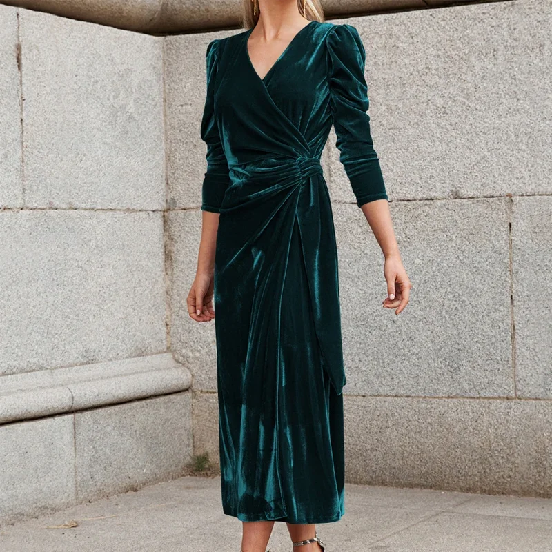 

Элегантное облегающее бархатное платье с V-образным вырезом и боковым поясом, женское весеннее однотонное длинное платье-трапеция в стиле бохо, осеннее платье макси с длинным рукавом, женское платье