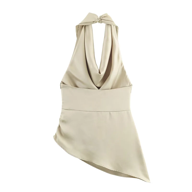 New Halter Tops Fashion Satin Elegant Crop Top Woman 2025 Sleeveless Ruched Short Tops For Women Backless Sexy Party Tops ﻿