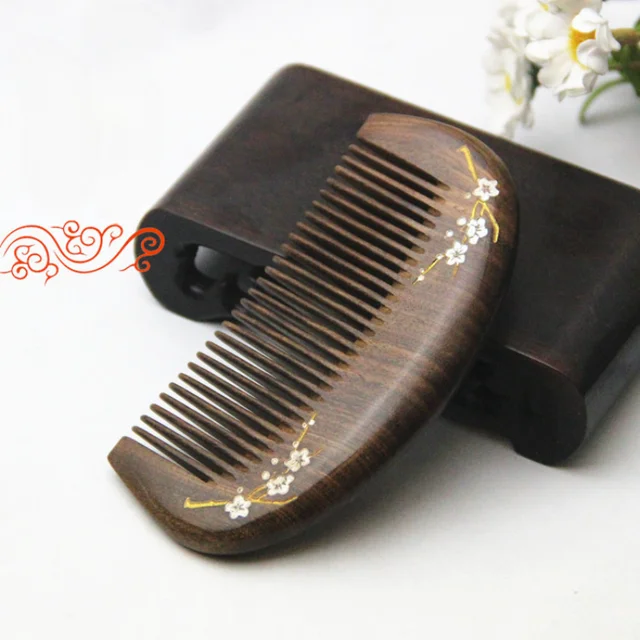 Peigne à cheveux en bois de santal naturel, brosse à cheveux de massage de santé, branches dorées, fleur de prunier rose, peignes en bois épais, outil de coiffage, 1PC 1