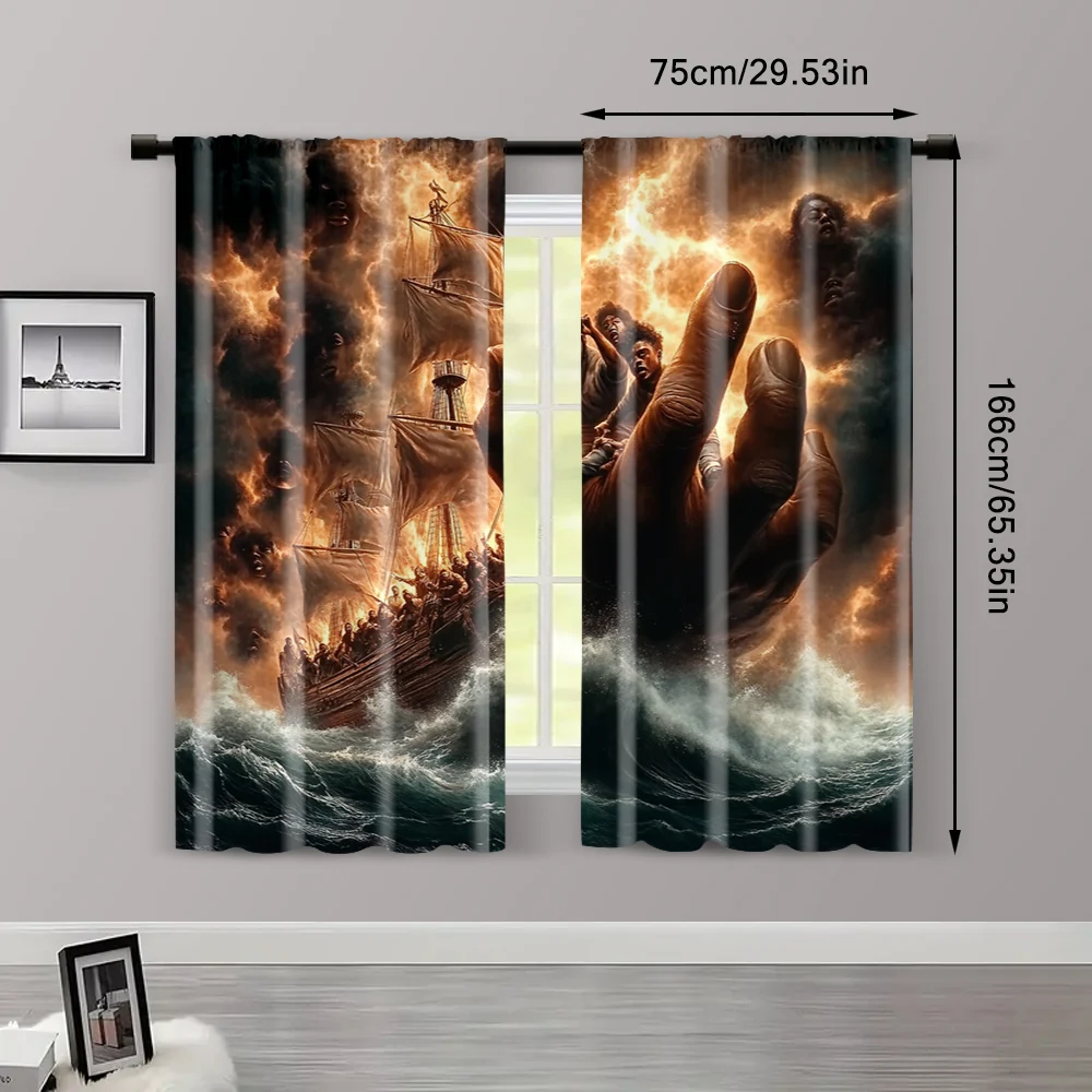 2pcs, Curtain Cloth 2D print Weathership theme Versatile Polyester Fabric (without rod) Stuff Clearance Perfect for Bedroom 3