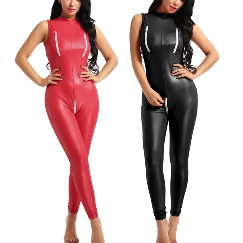 

Sexy Womens PU Leather Jumpsuit Catsuit Lingerie Leather Sleeveless Open Crotch Bodysuit Pole Rave Evening Clubwear Costumes