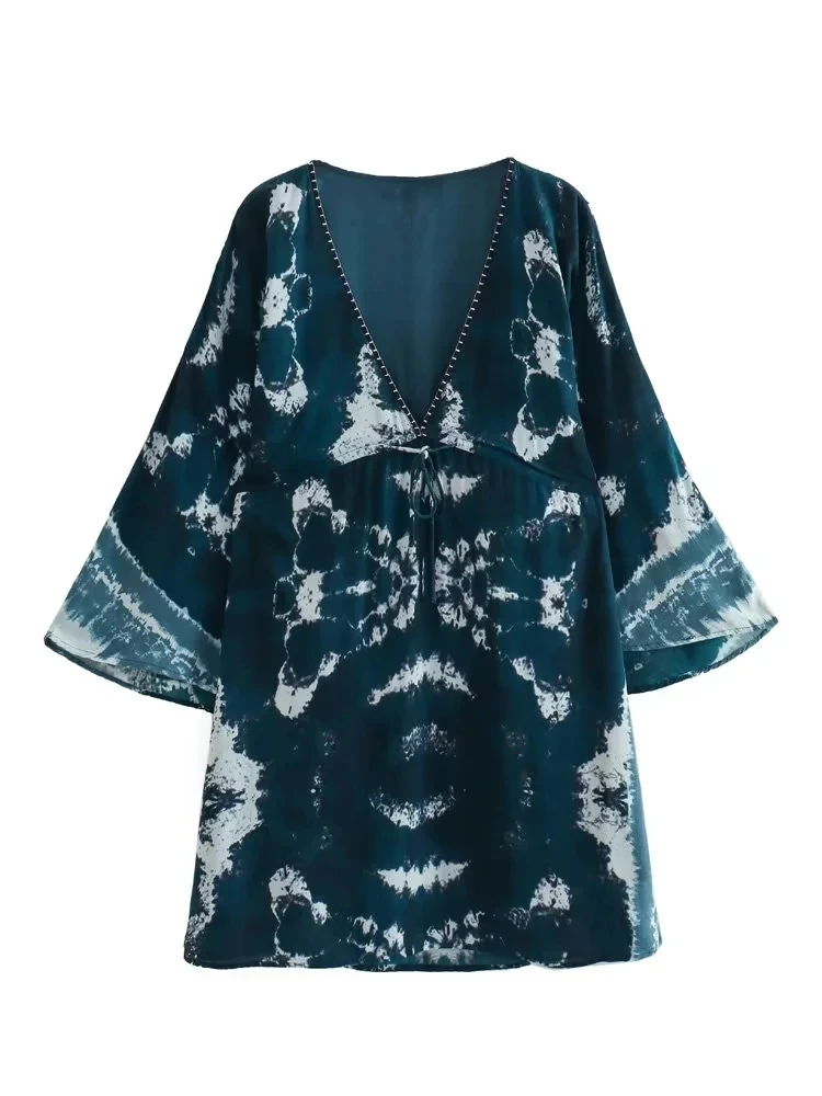 

TRAF 2023 spring and summer new women's loose skirt with bow tie blue long-sleeved mini dress bohemian dress