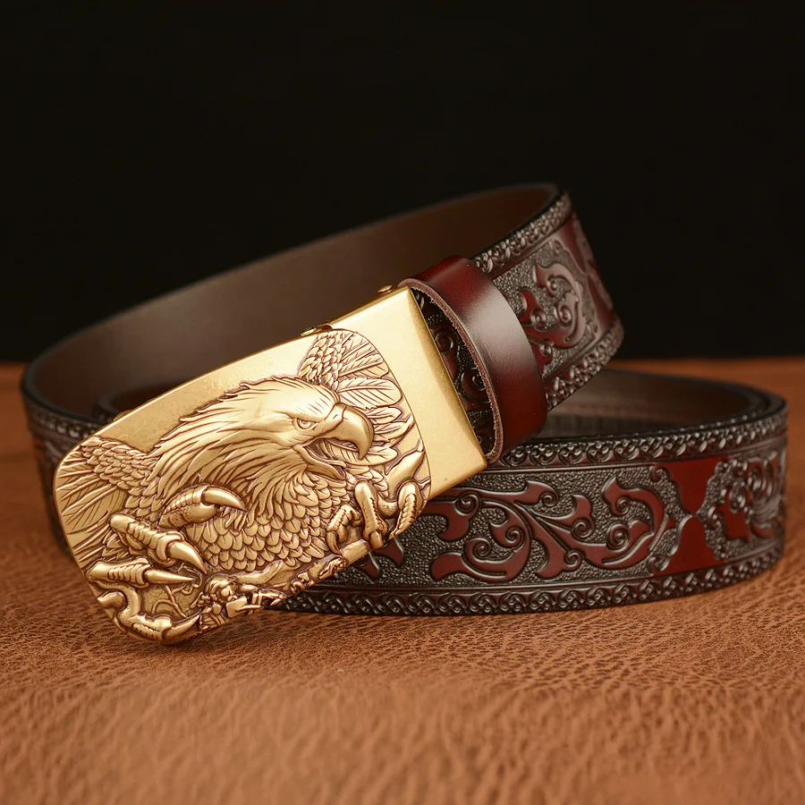New High Quality Eagle Automatic Buckle Men Belt Luxury Cowhide Personalized Carved Belt Casual Men's Genuine Leather Jeans Belt