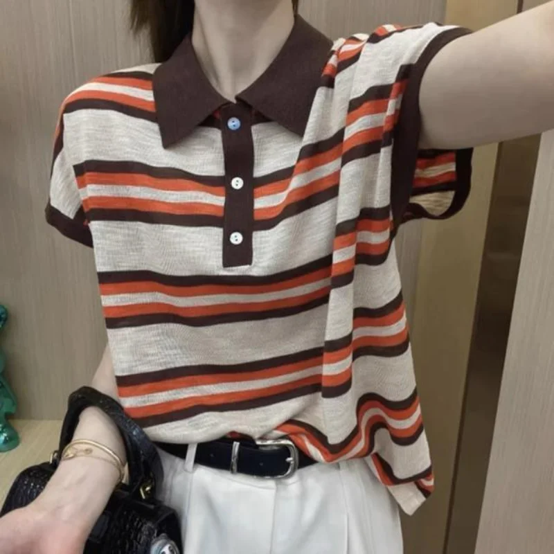 

Summer Striped Short Sleeved Thin Knit Polo Shirts Women's Youth Beauty Button Korean Simple Casual Versatile Color Matching Top