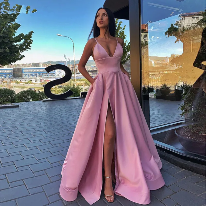 2024 Sexy V Neck Satin Dresses Spaghetti Strap Side Slit Prom High Waist Evening Gowns Party Dress Robe De Soiree Banquet