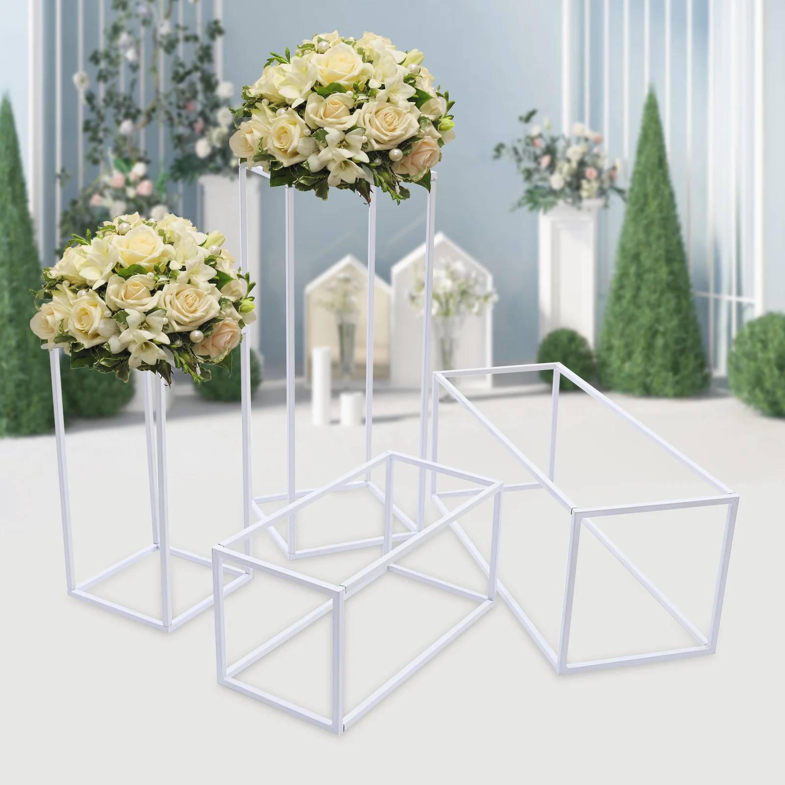 4Pcs White Metal Art Geometric Column Flower Stand Flower Rack Holder for Wedding Party Prop Backdrop Decoration (1Set)