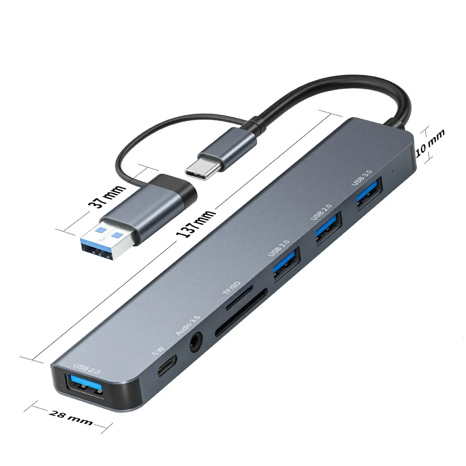 Aluminium USB Hub Airies USB 3.0 en aluminium 8 en 1 1 X USB 3.0 3 X 2.0 1 C lecteur de carte SD TF 3.5mm ports m.com