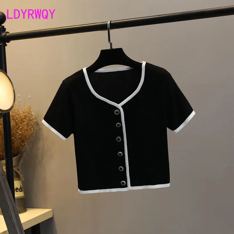 

V-neck ice silk knit short-sleeved T-shirt women's Korean version thin summer slim color-block high-waisted cropped top