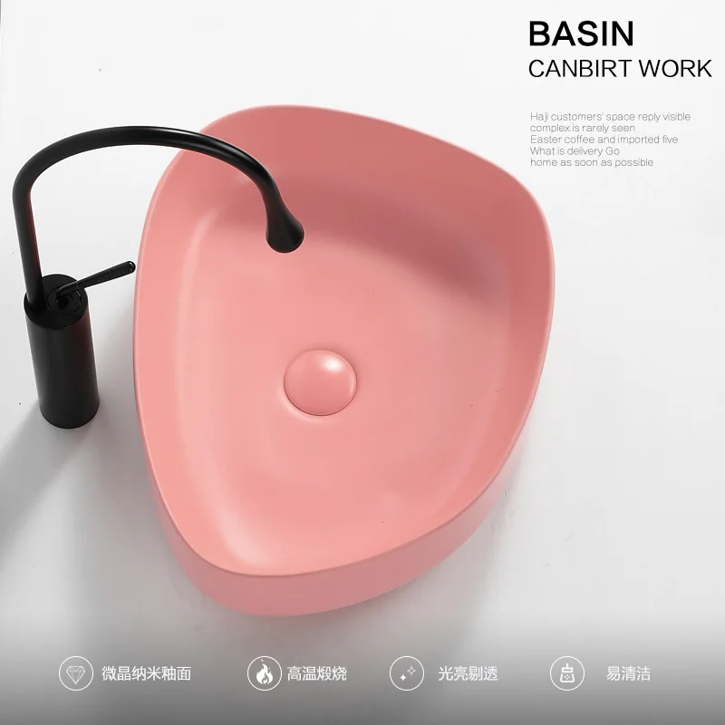 

Luxury Nordic Ceramic Washbasin Bathroom Sinks Pink Color Special-shaped Cute Home Toilet Vessel Sink with Free Full Accessories