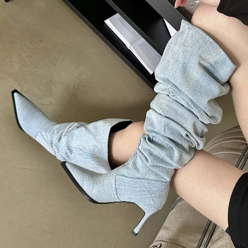 Ladies Over The Knee Modern Long Boots For High Heels Footwear Pointed Toe Denim Women Pumps 2023 Autumn Winter Female Shoes