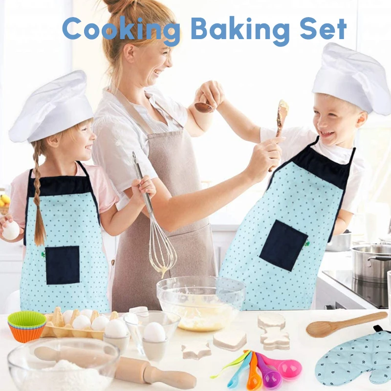 Children Cooking Baking Set Kitchen Toys Role Play Chef Hat Gloves Utensil Kitchenware Cooking Set Toddler Dress Up Toys Girls