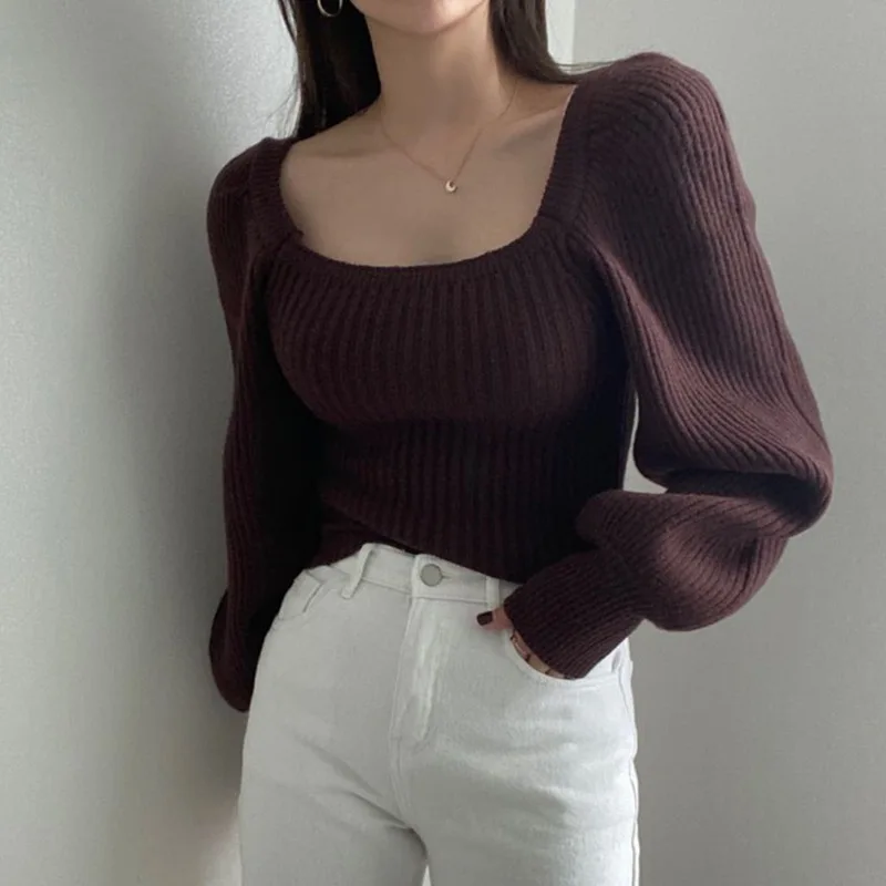 Winter Slim Fit Sweater Retro Square Collar Lantern Sleeves Solid Color Knitted Top Women's Autumn Korean Style Women's Knitwear