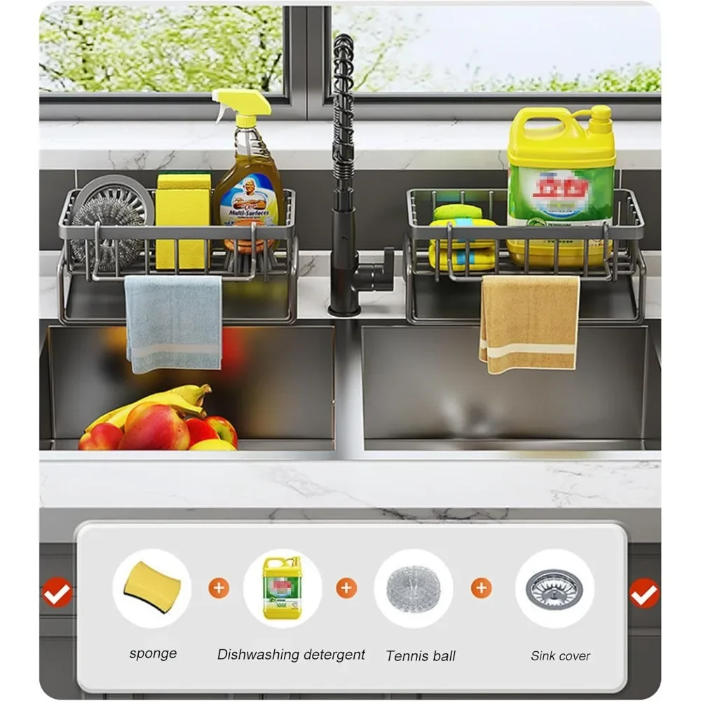 Kitchen sink organizer drain rack carbon steel self-draining sink shelf sponge holder soap dishcloth towel rack filter basket