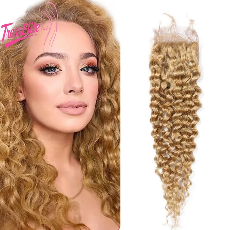 High Quality Honey Blonde 4X4 Lace Closure Curly #27 Human Hair Pre Plucked with Baby Hair Raw Remy Brazilian Virgin Hair 1