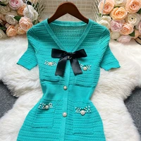 YuooMuoo Chic Fashion Elegant Bow V-neck Wrap Hips Knitted Dress Women Brand Fashion Pearl Buttons Bodycon Office Lady Vestidos - Image 5