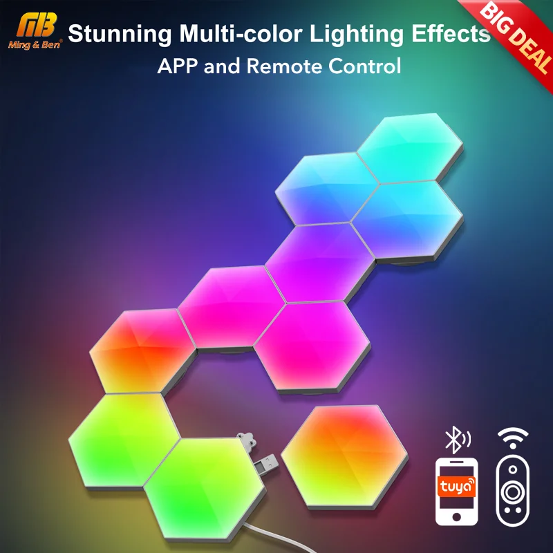 Smart Home TUYA Ambient Night Light DIY Assembly RGB Dimmable APP Control LED Home Wall Decor Art Wall Light USB Computer Game