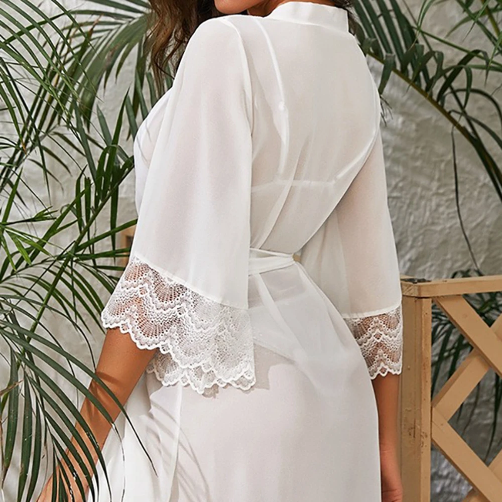 White Bride Wedding Morning Gown Lace Bathrobe Kimono Lady Elegant Sleepwear V-Neck Nightwear Satin Intimate Lingerie