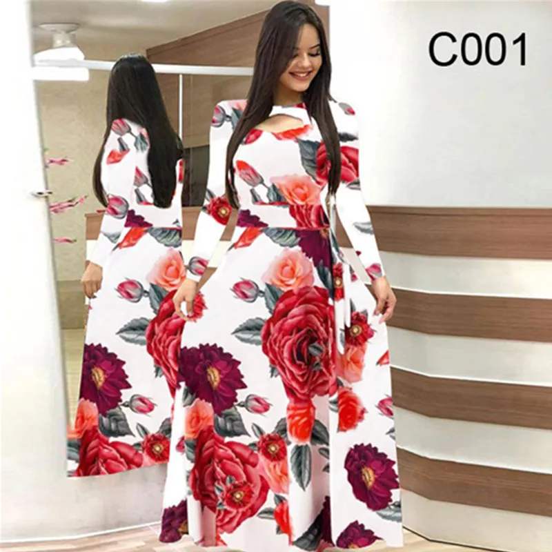 

Women's Elegant Maxi Dress Long Sleeve Retro Sexy Fashion Print Dinner Robe S-5XL