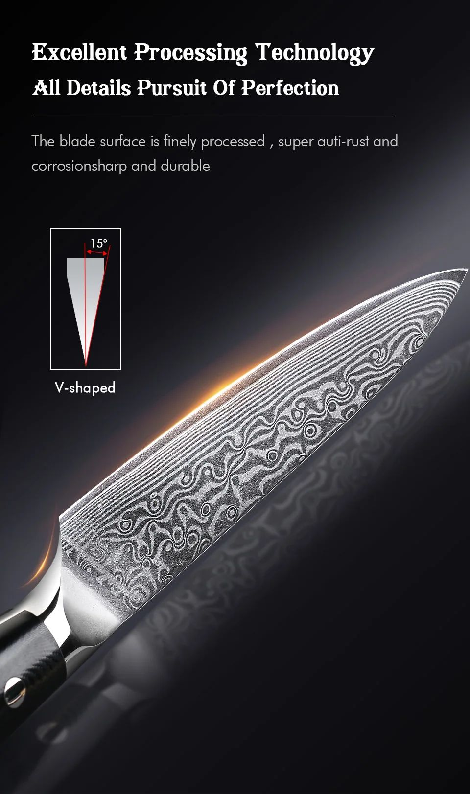 Damascus Steel Kitchen Knife – 5 Inch Utility Knife with Black G10 Handle, Rust Resistant Blade