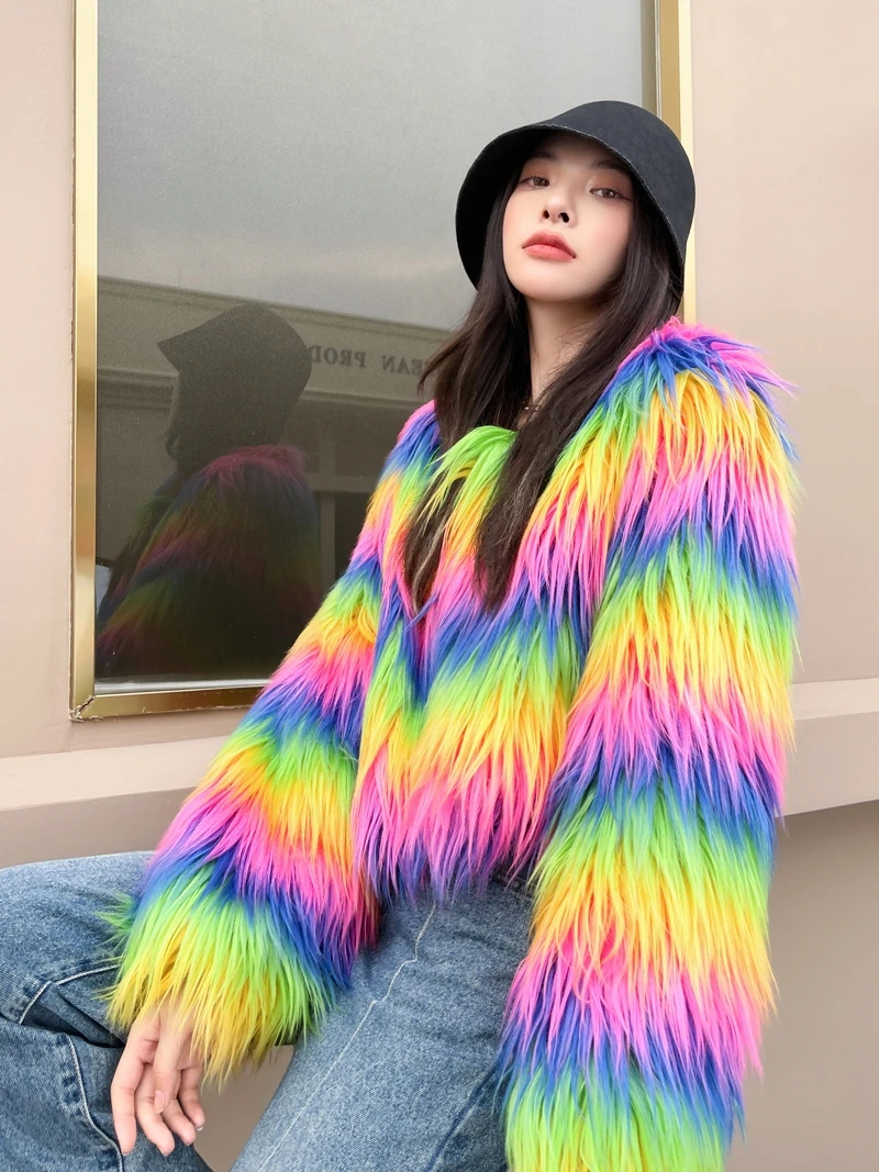 

Rainbow Colored Faux Fur Coat Short Jacket Women's Clothing Free Shipping