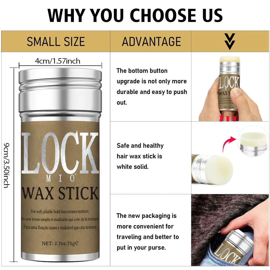 Styling wax Hair wax stick Hair wax LOCKMIO Wax Stick Natural Coconut Oil Moisturizes Soften Smoothing Styling Flyaway Hair Edge Control Strong Hold Long Lasting
