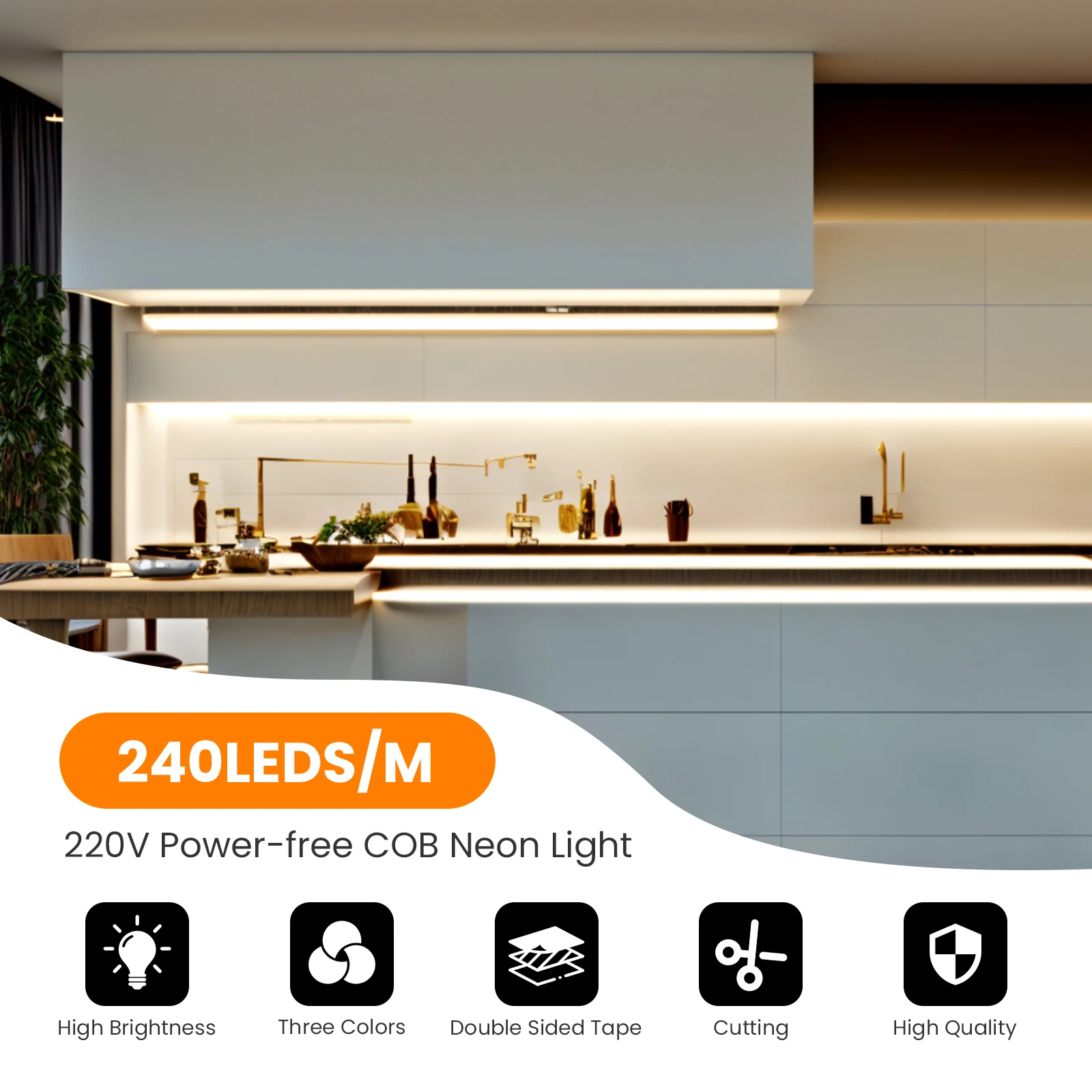 220V Dimmable COB LED Neon Strip Light Adhesive Waterproof Outdoor RA90 IC 240LED/M Flexible Ribbon Tape With Switch/Dimmer Plug - 2