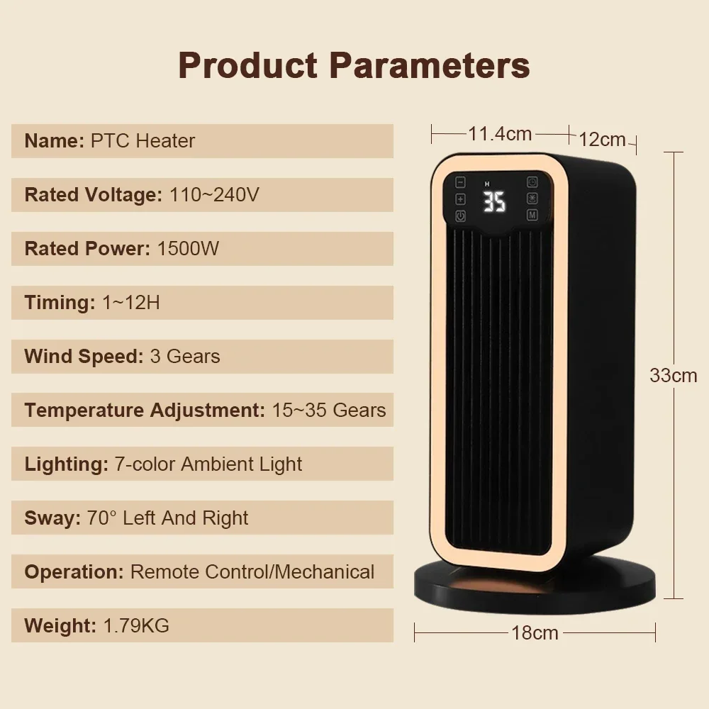 Warmer Electric Heater 1500W Fan Heater Overheat & Tip-over Protection Remote Control Mini PTC Electric Fan Heater for Home Room 6
