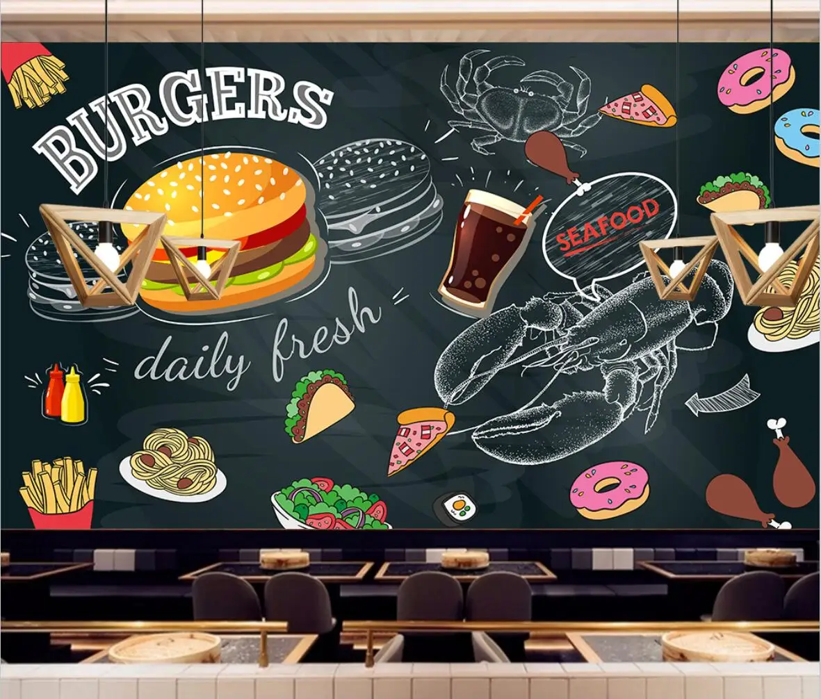 

papel de parede Custom wallpaper mural black hand painted burger fast food restaurant western restaurant background wall